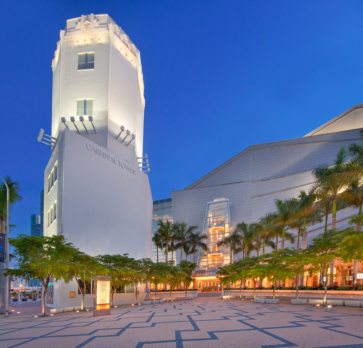 Architectural dusk view of the Miami Adrienne Arsht Center for Performing Arts.